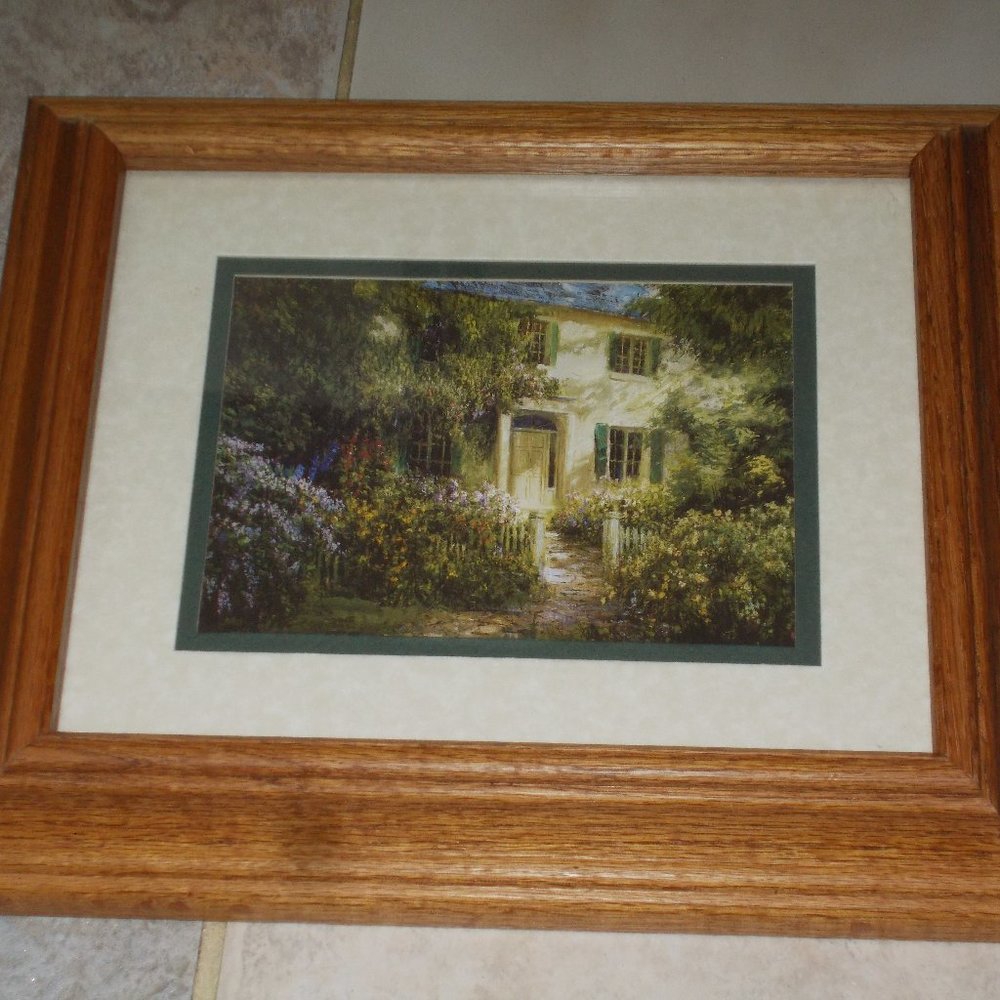 Gorgeous cottage print matted and framed, approximately 11"x13"
